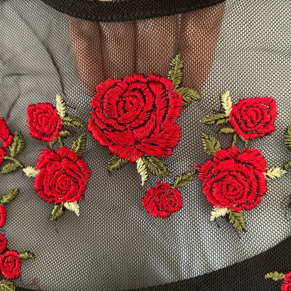 Black long-sleeved mesh and tank mini dress with embroidered red roses NWT - Picture 4 of 10